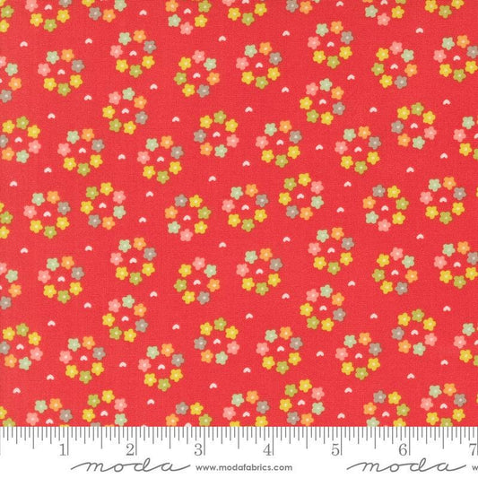 Image of the Raspberry Summer Rosy Raspbery quilting cotton fabric by Sherri & Chelsi for Moda Fabrics. Features flowers on a red background. Cute Little Fabric Shop