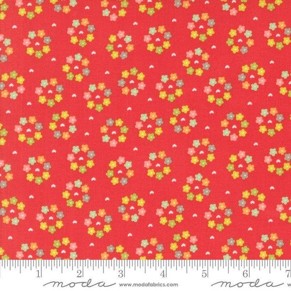 Image of the Raspberry Summer Rosy Raspbery quilting cotton fabric by Sherri & Chelsi for Moda Fabrics. Features flowers on a red background. Cute Little Fabric Shop