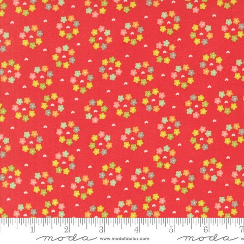 Image of the Raspberry Summer Rosy Raspbery quilting cotton fabric by Sherri & Chelsi for Moda Fabrics. Features flowers on a red background. Cute Little Fabric Shop