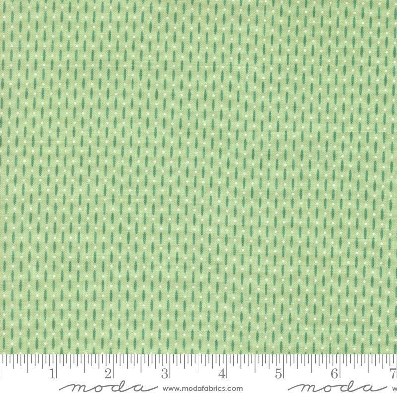 Image of the Raspberry Summer Beaded Mint quilting cotton fabric by Sherri & Chelsi for Moda Fabrics. Features lines on a green background. Cute Little Fabric Shop
