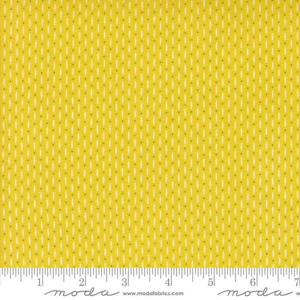 Image of the Raspberry Summer Beaded Summer quilting cotton fabric by Sherri & Chelsi for Moda Fabrics. Features lines on a yellow background. Cute Little Fabric Shop