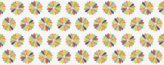 Image of the Raspberry Summer Wheels Cheater Multi quilting cotton fabric by Sherri & Chelsi for Moda Fabrics. Features circles on a white background. Cute Little Fabric Shop