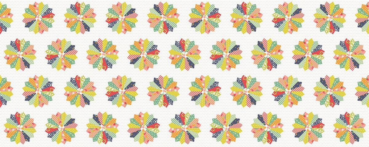 Image of the Raspberry Summer Wheels Cheater Multi quilting cotton fabric by Sherri & Chelsi for Moda Fabrics. Features circles on a white background. Cute Little Fabric Shop