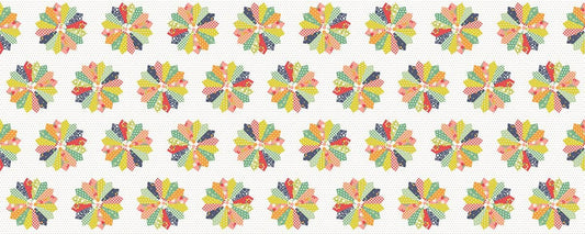 Image of the Raspberry Summer Wheels Cheater Multi quilting cotton fabric by Sherri & Chelsi for Moda Fabrics. Features circles on a white background. Cute Little Fabric Shop