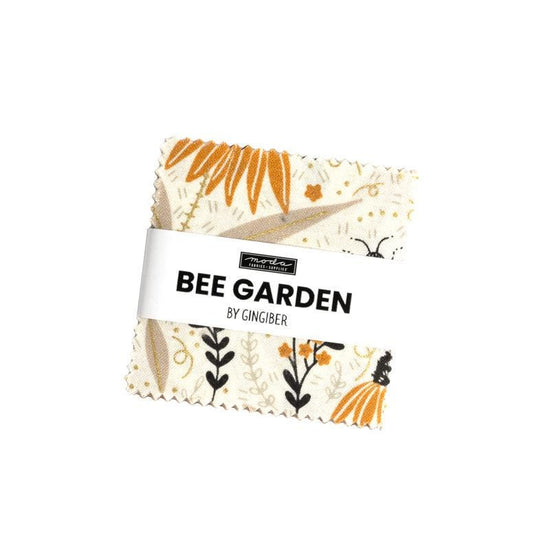 Image of the Bee Garden mini charm pack by Gingiber for Moda Fabrics. Features bee and flower fabrics on various backgrounds. 
Cute little Fabric Shop