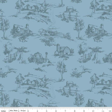 Countryside Scenery C14532 Blue - Riley Blake Designs - Landscape Scenes Trees Barns Tone-on-Tone - Quilting Cotton Fabric