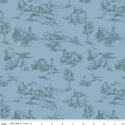 Countryside Scenery C14532 Blue - Riley Blake Designs - Landscape Scenes Trees Barns Tone-on-Tone - Quilting Cotton Fabric