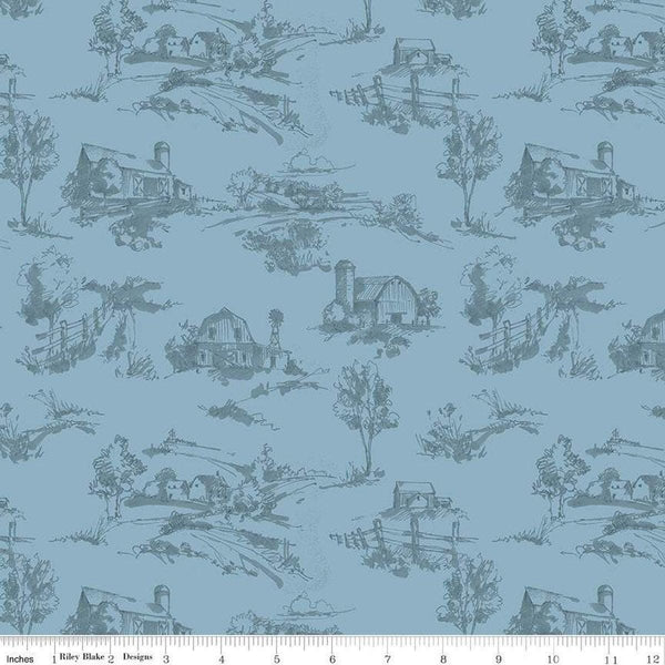 Countryside Scenery C14532 Blue by Riley Blake Designs - Landscape Scenes Trees Barns Tone-on-Tone - Quilting Cotton Fabric
