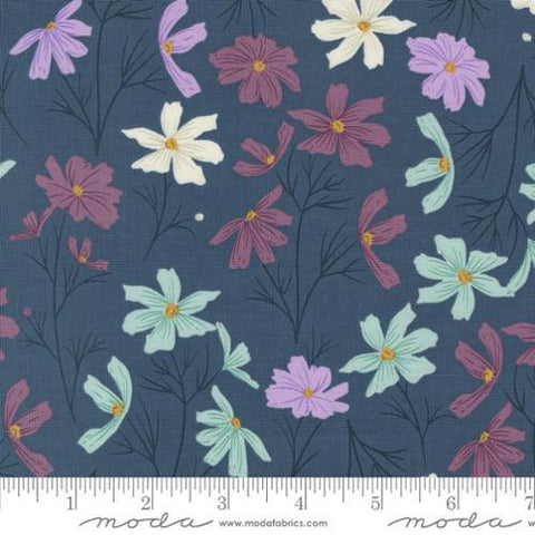 Image of the Seaglass Summer Cottage Indigo Sea quilting cotton fabric by Moda Fabrics. Features flowers on a navy background. Cute Little Fabric Shop
