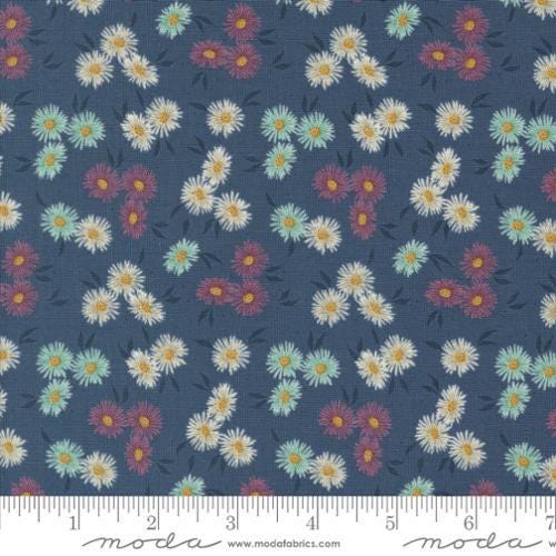 Image of the Seaglass Summer Beach Indigo Sea quilting cotton fabric by Moda Fabrics. Features flowers on a navy background. Cute Little Fabric Shop
