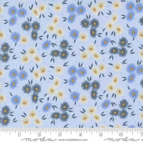 Image of the Seaglass Summer Beach Dappled Blue quilting cotton fabric by Moda Fabrics. Features flowers on a blue background. Cute Little Fabric Shop