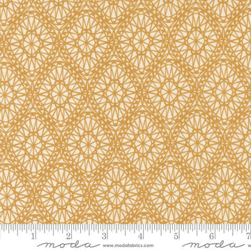 Image of the Seaglass Summer Picnic Sunshine quilting cotton fabric by Moda Fabrics. Features damask on a yellow background. Cute Little Fabric Shop