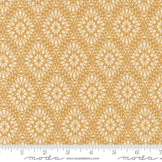 Image of the Seaglass Summer Picnic Sunshine quilting cotton fabric by Moda Fabrics. Features damask on a yellow background. Cute Little Fabric Shop