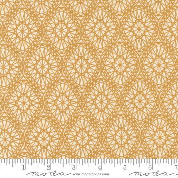 Image of the Seaglass Summer Picnic Sunshine quilting cotton fabric by Moda Fabrics. Features damask on a yellow background. Cute Little Fabric Shop