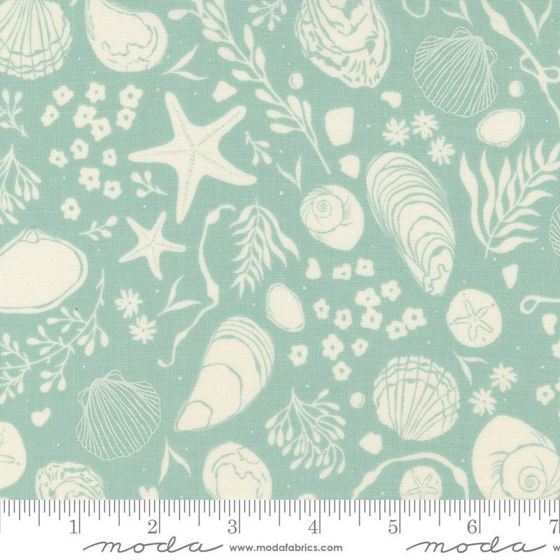 Image of the Seaglass Summer Tide Pool Ocean Air quilting cotton fabric by Moda Fabrics. Features damask on a teal background. Cute Little Fabric Shop