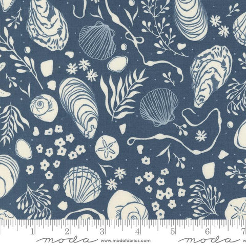 Image of the Seaglass Summer Tide Pool Indigo Sea quilting cotton fabric by Moda Fabrics. Features damask on a blue background. Cute Little Fabric Shop