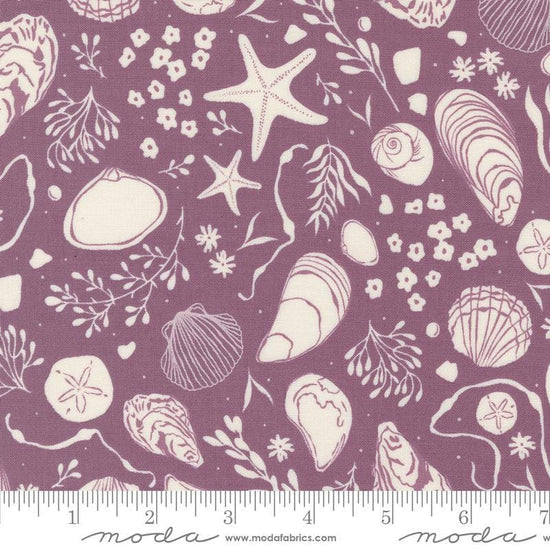 Image of the Seaglass Summer Tide Pool Beach Plum quilting cotton fabric by Moda Fabrics. Features damask on a purple background. Cute Little Fabric Shop