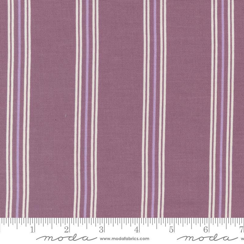 Image of the Seaglass Summer Stripes Beach Plum quilting cotton fabric by Moda Fabrics. Features stripes on a purple background. Cute Little Fabric Shop