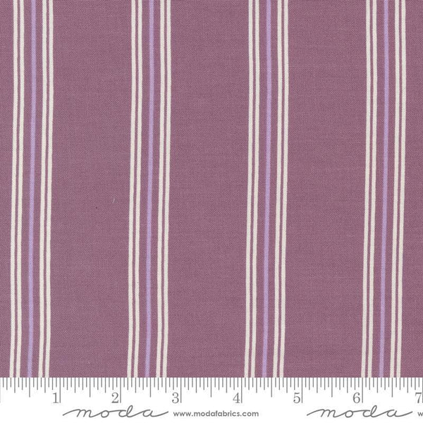 Image of the Seaglass Summer Stripes Beach Plum quilting cotton fabric by Moda Fabrics. Features stripes on a purple background. Cute Little Fabric Shop