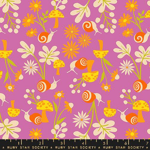 Image of the Animal Animal Snail Helitrope quilting cotton fabric by Ruby Star Society for Moda Fabrics. Features snails on a pink background. Cute Little Fabric Shop