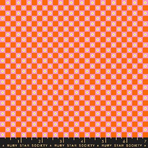 Image of the Animal Animal Check Goldfish quilting cotton fabric by Ruby Star Society for Moda Fabrics. Features checkers on an orange background. Cute Little Fabric Shop