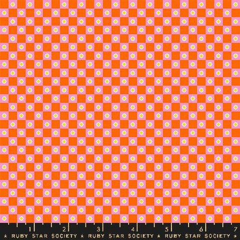 Image of the Animal Animal Check Goldfish quilting cotton fabric by Ruby Star Society for Moda Fabrics. Features checkers on an orange background. Cute Little Fabric Shop