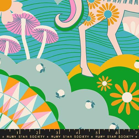 Image of the Carousel Daydreamer Turquoise quilting cotton fabric by Ruby Star Society for Moda Fabrics. Features horses on a teal background. Cute Little Fabric Shop