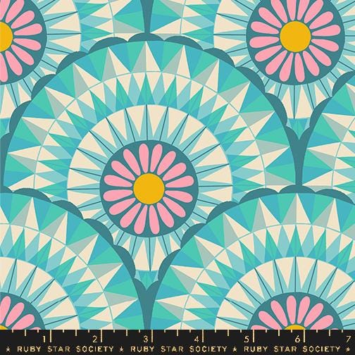 Image of the Carousel Geometric Turquoise quilting cotton fabric by Ruby Star Society for Moda Fabrics. Features geometric circles on a teal background. Cute Little Fabric Shop