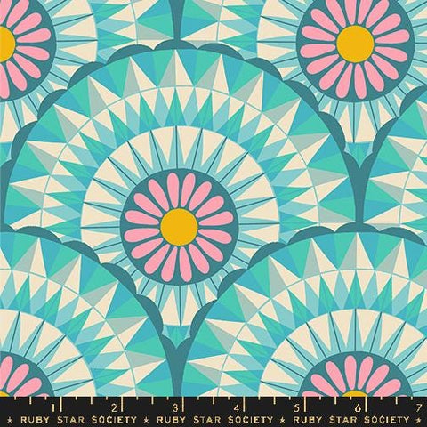 Image of the Carousel Geometric Turquoise quilting cotton fabric by Ruby Star Society for Moda Fabrics. Features geometric circles on a teal background. Cute Little Fabric Shop