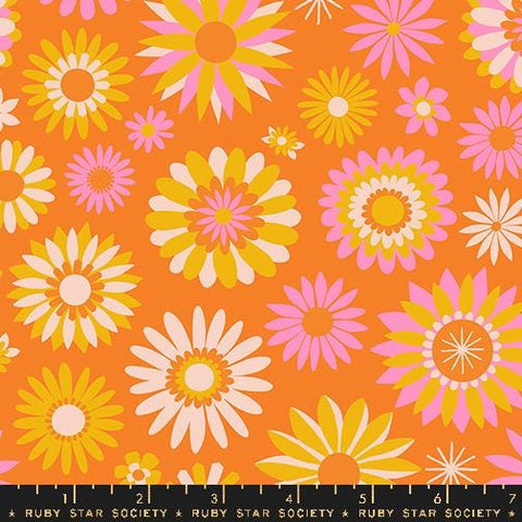 Image of the Carousel Kaleidoscope Orange quilting cotton fabric by Ruby Star Society for Moda Fabrics. Features retro flowers on an orange background. Cute Little Fabric Shop