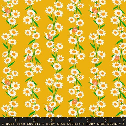 Image of the Carousel Daisy Goldenrod quilting cotton fabric by Ruby Star Society for Moda Fabrics. Features daisies on a yellow background. Cute Little Fabric Shop