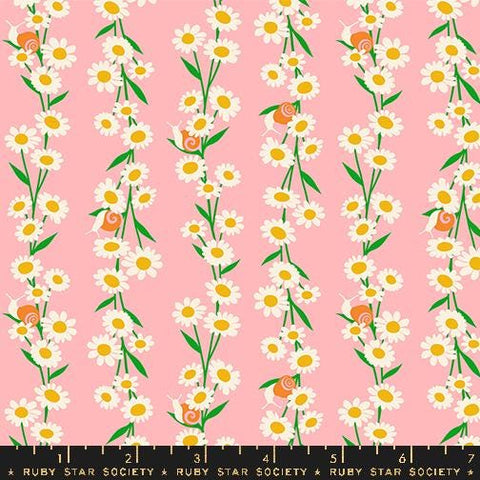 Image of the Carousel Daisy Balmy quilting cotton fabric by Ruby Star Society for Moda Fabrics. Features daisies on a pink background. Cute Little Fabric Shop