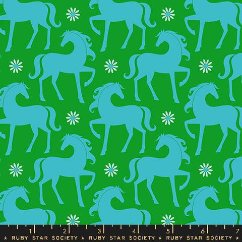 Image of the Carousel Horses Verdant quilting cotton fabric by Ruby Star Society for Moda Fabrics. Features horses on a green background. Cute Little Fabric Shop