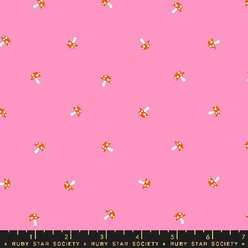 Image of the Carousel Mushrooms Flamingo quilting cotton fabric by Ruby Star Society for Moda Fabrics. Features mushrooms on a pink background. Cute Little Fabric Shop