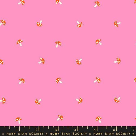 Image of the Carousel Mushrooms Flamingo quilting cotton fabric by Ruby Star Society for Moda Fabrics. Features mushrooms on a pink background. Cute Little Fabric Shop