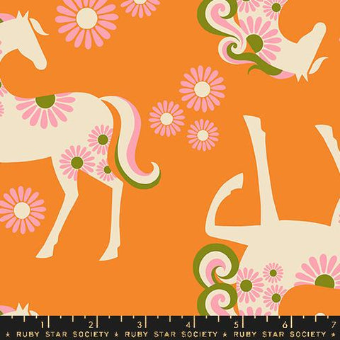 Image of the Carousel Canvas Horse Burnt Orange quilting cotton fabric by Ruby Star Society for Moda Fabrics. Features horses on an orange background. Cute Little Fabric Shop