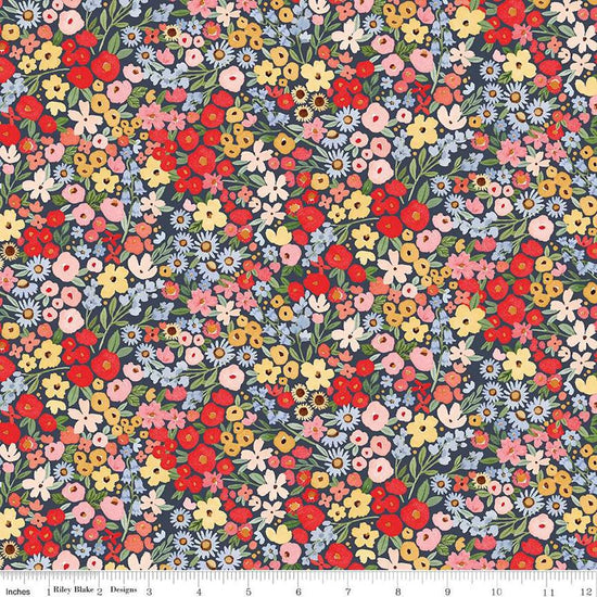 Image of the Floral Charms Happy Ditsy Floral Oxford quilting cotton fabric by Kelsey Carlson for Riley Blake Designs. Features flowers on a blue background. Cute Little Fabric Shop