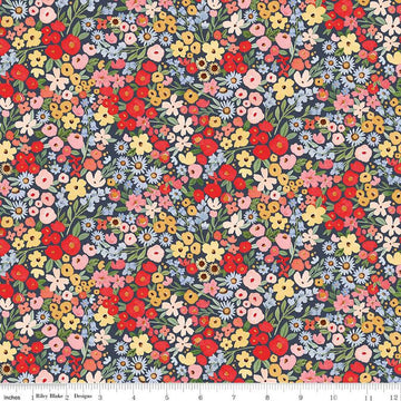 Image of the Floral Charms Happy Ditsy Floral Oxford quilting cotton fabric by Kelsey Carlson for Riley Blake Designs. Features flowers on a blue background. Cute Little Fabric Shop