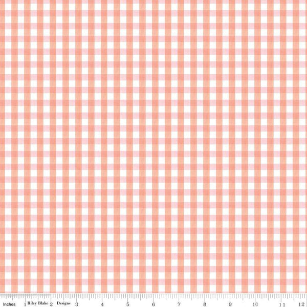 Image of the Floral Charms Gingham Pink quilting cotton fabric by Kelsey Carlson for Riley Blake Designs. Features flowers on a pink background. Cute Little Fabric Shop