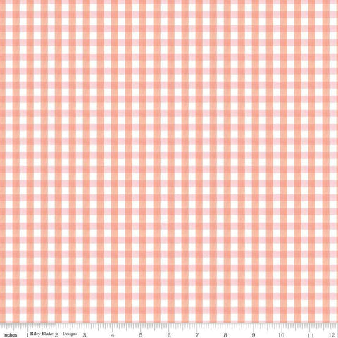 Image of the Floral Charms Gingham Pink quilting cotton fabric by Kelsey Carlson for Riley Blake Designs. Features flowers on a pink background. Cute Little Fabric Shop