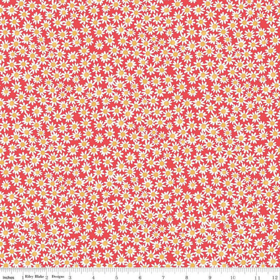 Image of the Floral Charms Daisies Raspberry quilting cotton fabric by Kelsey Carlson for Riley Blake Designs. Features flowers on a pink background. Cute Little Fabric Shop