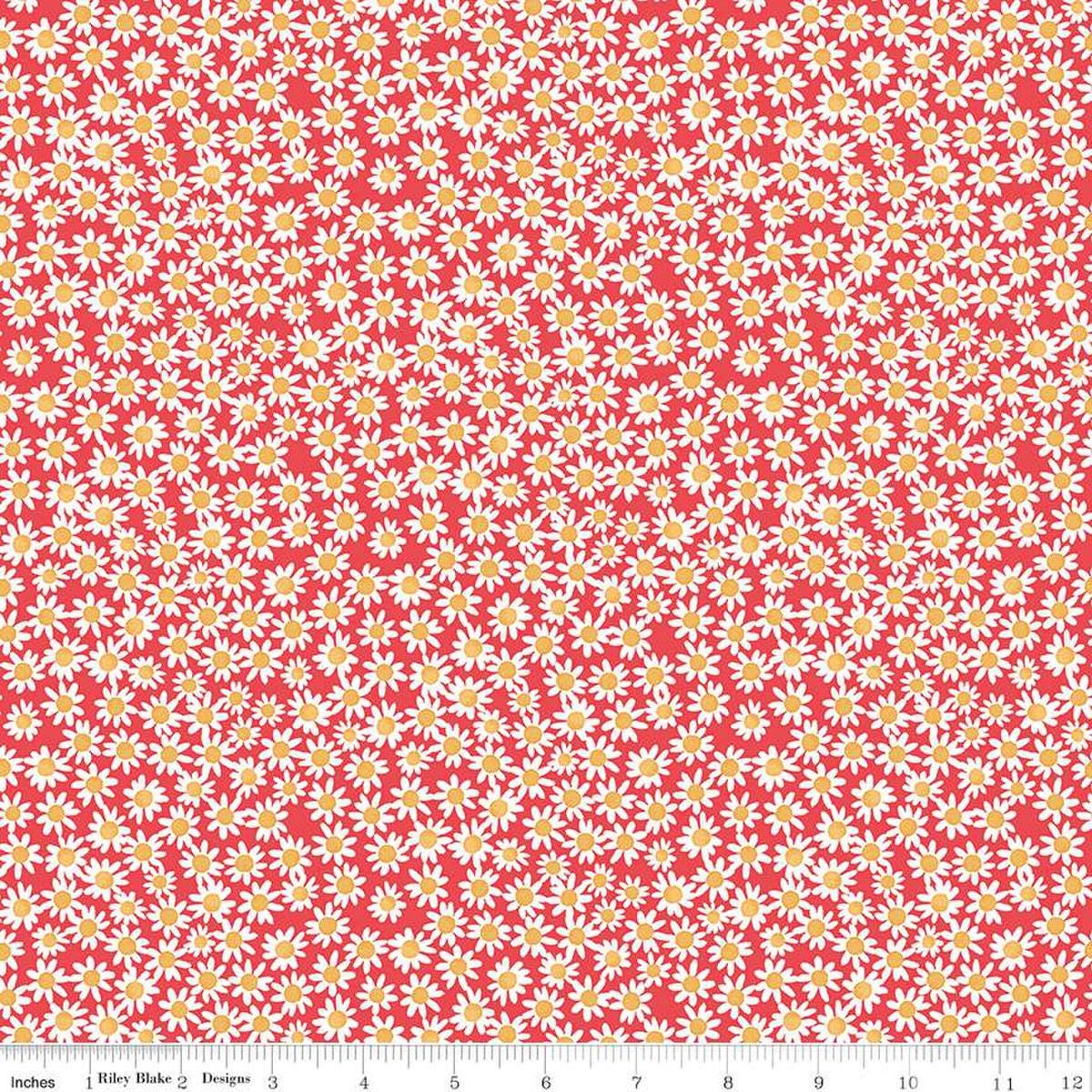 Image of the Floral Charms Daisies Raspberry quilting cotton fabric by Kelsey Carlson for Riley Blake Designs. Features flowers on a pink background. Cute Little Fabric Shop
