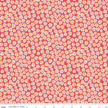 Image of the Floral Charms Daisies Raspberry quilting cotton fabric by Kelsey Carlson for Riley Blake Designs. Features flowers on a pink background. Cute Little Fabric Shop