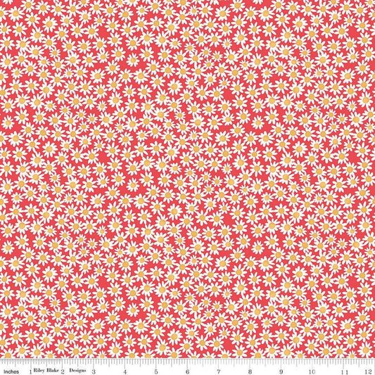 Image of the Floral Charms Daisies Raspberry quilting cotton fabric by Kelsey Carlson for Riley Blake Designs. Features flowers on a pink background. Cute Little Fabric Shop