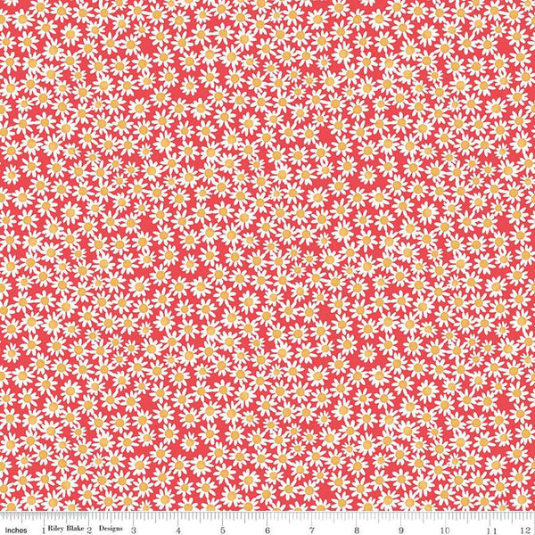 Image of the Floral Charms Daisies Raspberry quilting cotton fabric by Kelsey Carlson for Riley Blake Designs. Features flowers on a pink background. Cute Little Fabric Shop