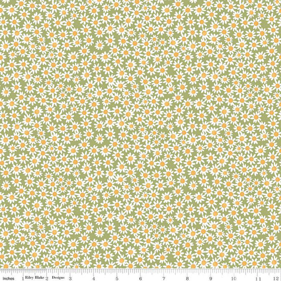 Image of the Floral Charms Daisies Green quilting cotton fabric by Kelsey Carlson for Riley Blake Designs. Features flowers on a green background. Cute Little Fabric Shop