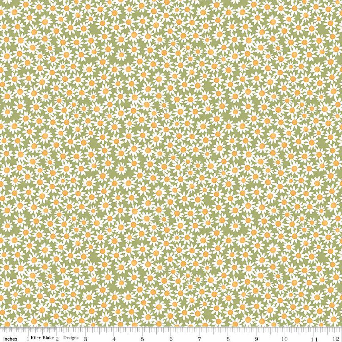 Image of the Floral Charms Daisies Green quilting cotton fabric by Kelsey Carlson for Riley Blake Designs. Features flowers on a green background. Cute Little Fabric Shop