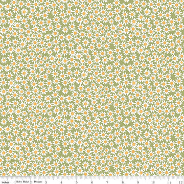 Image of the Floral Charms Daisies Green quilting cotton fabric by Kelsey Carlson for Riley Blake Designs. Features flowers on a green background. Cute Little Fabric Shop