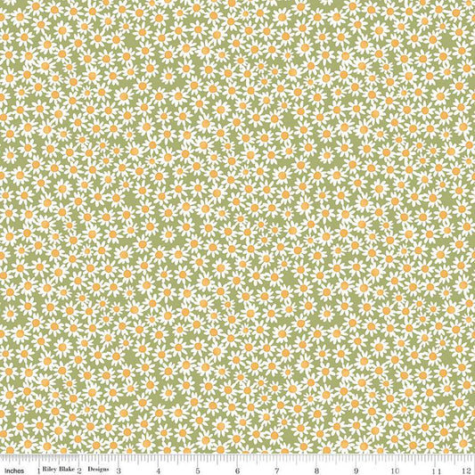 Image of the Floral Charms Daisies Green quilting cotton fabric by Kelsey Carlson for Riley Blake Designs. Features flowers on a green background. Cute Little Fabric Shop