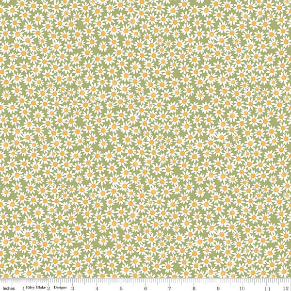 Image of the Floral Charms Daisies Green quilting cotton fabric by Kelsey Carlson for Riley Blake Designs. Features flowers on a green background. Cute Little Fabric Shop